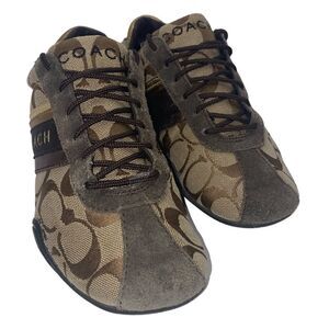 COACH JAYME Wm’s Sz 6 Brown Suede Trim Tan Signature C Fabric Sneaker Shoes